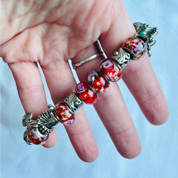 Vintage Jewelry - Pandora Style Silver & Red Charm Bracelet With Hearts, Peacocks